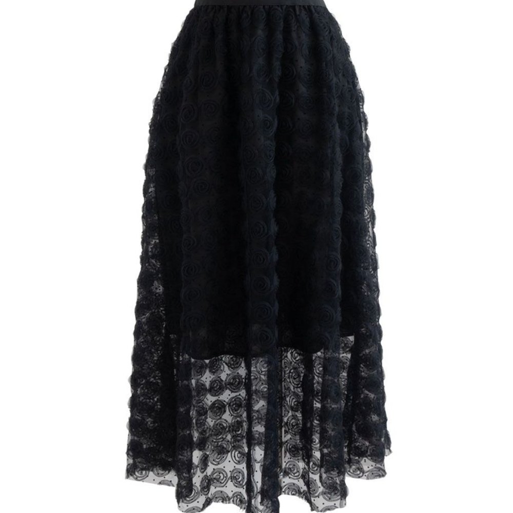 3D ROSE MESH TULLE MIDI SKIRT IN BLACK